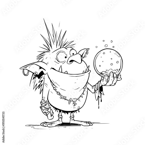 A cartoon troll holds a bubbling crystal ball in a whimsical scene with a white background and black lines
