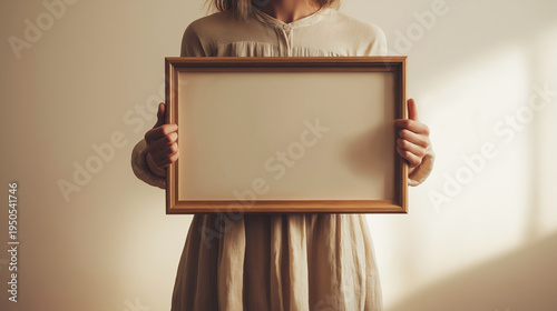 Person holding a plain wooden frame against a light background, offering ample copy space for design or text overlay