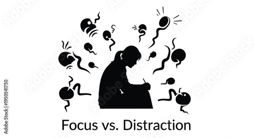 Silhouette of a woman writing surrounded by abstract shapes representing distraction