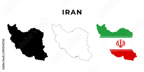 Abstract black Iran map set on white background. Iran Map with Flag, black map and outline map.