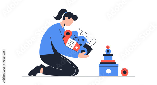 woman organizing office supplies on floor flat design vector illustration