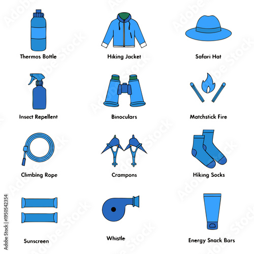 The Flat Design Hiking Trail Icon Collection features 24 essential outdoor gear items in a muted editorial palette for camping and trekking, including a backpack, tent, compass, boots, and first aid k