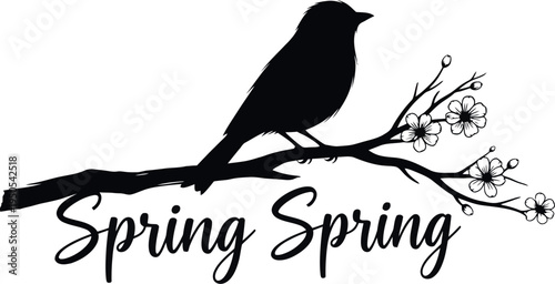 A serene silhouette of a small bird perched upon a blooming tree branch, with delicate flowers, beautifully illustrating the arrival of the 'Spring Spring' season in nature.