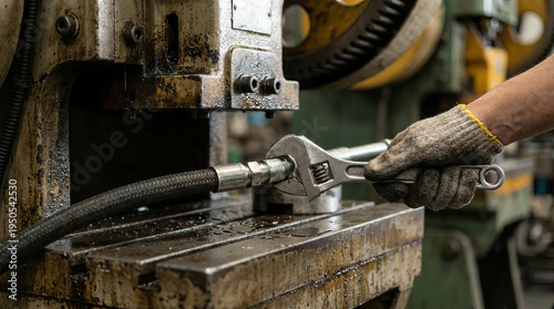 Wallpaper Mural Adjustable wrench gloved hand hydraulic hose industrial machine metal surface mechanical repair workshop maintenance tool use close up Torontodigital.ca