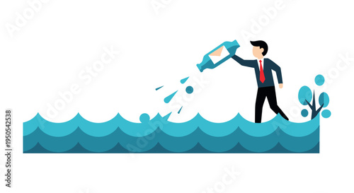businessman pouring water from bottle into ocean pollution vector illustration