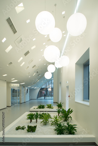 Modern hospital atrium interior with large windows and minimalist architecture.