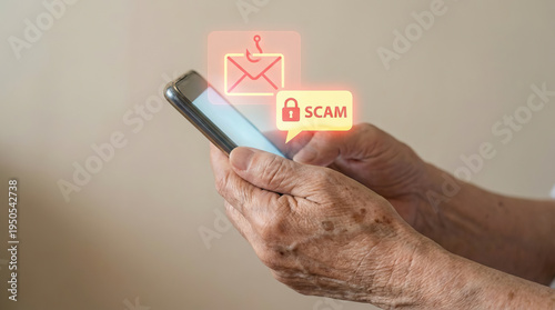 Wallpaper Mural Phishing scam alert on smartphone screen held by elderly person, warning message with email hook icon and security lock symbol, digital fraud protection concept Torontodigital.ca