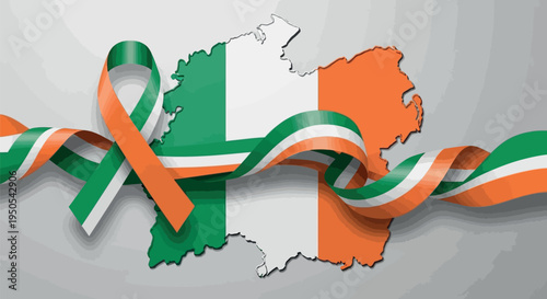 Awareness ribbon design featuring the colors of the Irish flag draped across a stylized map silhouette representing Ireland.