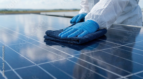 Wallpaper Mural Cleaning solar panel with microfiber cloth and blue gloves on sunny day, maintaining renewable energy equipment outdoors with care and precision Torontodigital.ca