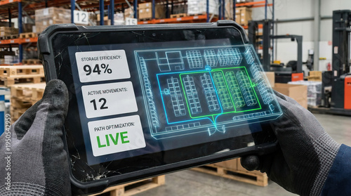 Wallpaper Mural Warehouse tablet digital inventory logistics storage efficiency technology gloves industrial shelving boxes pallet distribution control management data screen futuristic tracking automation system Torontodigital.ca