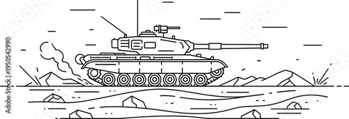 Dynamic line art illustration of a powerful military battle tank advancing through rugged terrain, signifying warfare, army operations, and tactical combat in a modern flat design.