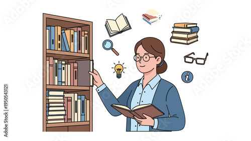 Discovering Knowledge in the Library: A scholar engages with books in a library, symbolizing knowledge, research, and learning.