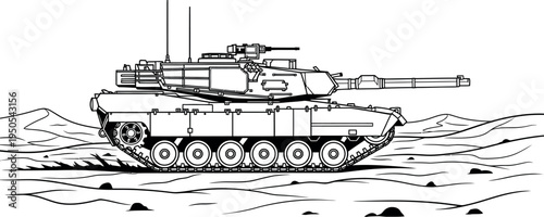Detailed black and white line art illustration depicts a modern main battle tank positioned on a barren desert landscape ready for military maneuvers.