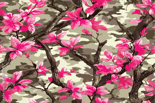 Pink camouflage pattern with brown leaves and tree branches.An outdoor-inspired design for hunting gear or camping attire.Conifer tree, branches and leaves.