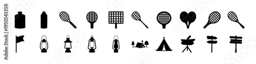 Camping Lanterns Rackets and Outdoor Gear Silhouette Set - Black silhouettes of camping lanterns, sports rackets, bottles, tents, and outdoor activity gear arranged as a simple adventure icon collecti