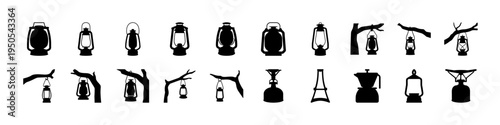 Lanterns and Camping Light Silhouette Icon Set - Black silhouettes of camping lanterns, hanging lights, and outdoor illumination tools arranged as an icon collection for camping and night adventure th