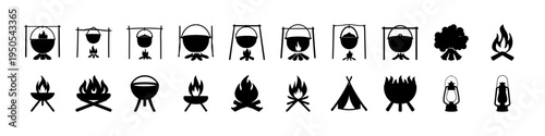 Camping Fire Pit and Outdoor Cooking Silhouette Set - Black silhouettes of camping grills, fire pits, campfires, tents, and outdoor cooking equipment forming a campsite and wilderness cooking icon col