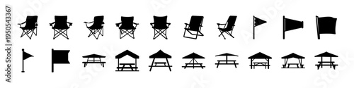 Camping Chairs and Outdoor Shelter Silhouette Icon Set - Black silhouettes of camping chairs, flags, tents, and outdoor shelters arranged as an icon collection for campsite, travel, and adventure them