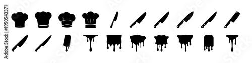 Chef Hats and Cooking Utensils Silhouette Icon Set - Black silhouettes of chef hats, kitchen knives, grills, and cooking tools arranged as a culinary icon collection for restaurant and kitchen themes.