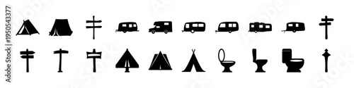 Camping Transport and Tent Silhouette Icon Set - Black silhouettes of camping tents, trees, vans, and utility poles forming an outdoor travel and campsite transport icon collection.