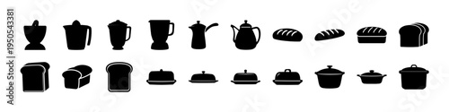 Kitchen Cookware and Food Dish Silhouette Icon Set - Black silhouettes of cooking pots, serving dishes, bread, and kitchen containers arranged as a culinary and food preparation icon collection.
