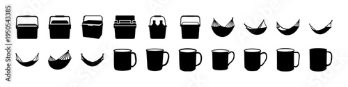 Kitchen Containers and Mug Silhouette Icon Set - Black silhouettes of kitchen containers, cups, bowls, and mugs arranged as a simple kitchenware and drinkware icon collection.