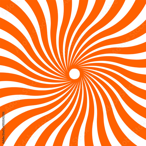 A vibrant graphic design featuring a circular orange and white spiral pattern with a central point