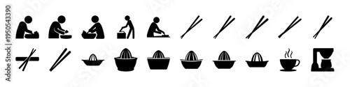 Fishing and Outdoor Cooking Silhouette Icon Set - Black silhouettes of fishing activities, rods, cooking pots, bowls, and campfire elements forming an outdoor fishing and camping icon collection.