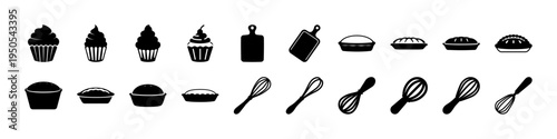 Cupcake Sandwich and Spoon Food Silhouette Icon Set -  Black silhouettes of cupcakes, sandwiches, bowls, and spoons arranged as a simple dessert and fast food icon collection for menus and culinary gr