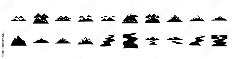 Fototapeta premium Mountain Landscape Silhouette Icon Set Collection - Black silhouettes of mountains, hills, and landscape shapes with valleys and winding paths, useful for nature, travel, hiking, and outdoor design gr