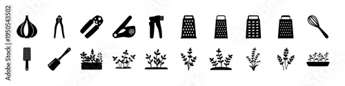 Garlic Herbs and Kitchen Ingredient Silhouette Icon Set - Black silhouettes of garlic, herbs, vegetables, and kitchen ingredients arranged as a culinary icon collection for cooking, recipes, and food 
