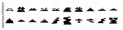 Mountain Landscape Silhouette Icon Set Collection - Black silhouettes of mountains, hills, and landscape shapes with valleys and winding paths, useful for nature, travel, hiking, and outdoor design gr