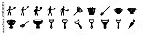 Golf Sport Player and Equipment Silhouette Icon Set - Black silhouettes of golf players swinging clubs along with golf balls, flags, and holes forming a sports icon collection for golf themes.
