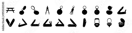 Camping Tools and Outdoor Activity Silhouette Icon Set - Black silhouettes of camping and outdoor activity items including tents, axes, lanterns, ropes, and adventure gear for hiking and wilderness gr