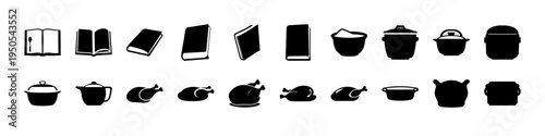 Kitchen Cookware and Food Preparation Silhouette Icon Set - Black silhouettes of kitchen items including books, cookware, bowls, cups, and prepared dishes forming a simple food preparation and cooking