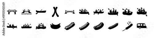 Camping Campfire and Outdoor Cooking Silhouette Icon Set - Black silhouettes of campfires, logs, tents, benches, grills, sausages, and outdoor cooking elements representing camping life and wilderness