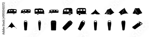 Camping Gear and Tent Silhouette Icon Set - Black silhouettes of camping equipment including tents, backpacks, vans, and outdoor gear arranged as an icon set for travel and adventure themes.