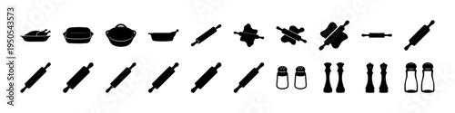 Cooking Utensils and Kitchen Tool Silhouette Icon Set - Black silhouettes of cooking utensils including knives, ladles, spatulas, and kitchen tools arranged as a simple culinary equipment icon collect