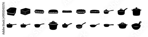Kitchen Cookware and Pot Silhouette Icon Set - Black silhouettes of cookware including pots, pans, casseroles, and kitchen containers arranged as a simple cooking and kitchen equipment icon collection
