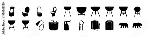 Barbecue Grill and Cooking Silhouette Icon Set - Black silhouettes of barbecue grills, cooking pots, kettles, and outdoor BBQ equipment arranged as an icon set for grilling and food preparation themes