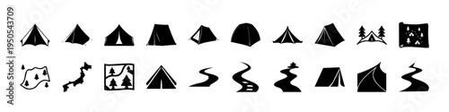 Camping and Hiking Outdoor Adventure Silhouette Icon Set - Black silhouette collection of camping and hiking symbols including tents, campfire, backpack, trail paths, and outdoor adventure elements fo