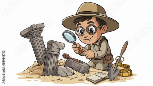 Cartoon archaeologist boy with magnifying glass exploring ancient ruins discovering history and artifacts perfect for educational content and adventure themes