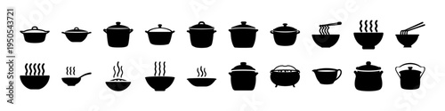 Cooking Pot and Saucepan Silhouette Icon Set - Collection of black cooking pot silhouettes including saucepans, stockpots, and casserole dishes, ideal for kitchen design, recipe graphics, and culinary