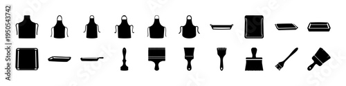 Kitchen Appliance and Utensil Icons Black Silhouettes - Collection of black silhouette icons featuring kitchen appliances, containers, and cooking utensils, useful for restaurant menus, food apps, and
