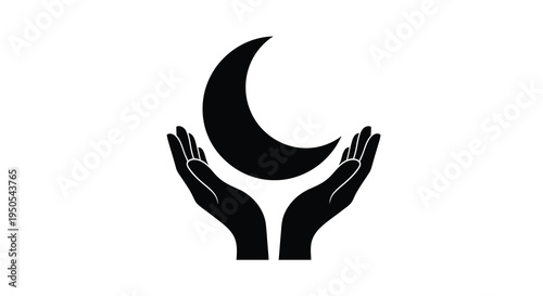A striking black silhouette depicts two cupped hands gently supporting a crescent moon above them high quality professional detailed