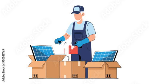 Solar Panel Technician: An industrious technician meticulously assembles solar panels in a warehouse, underscoring the vital role of renewable energy sources in modern life. 