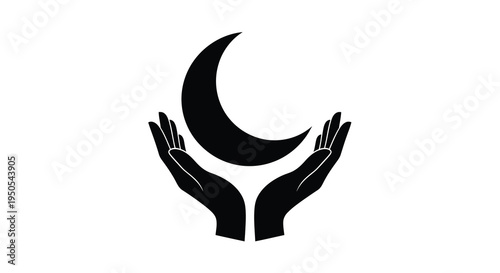 A striking black silhouette depicts two hands reaching upwards to cradle a dark crescent moon above high quality professional