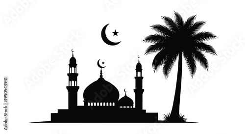 A striking black silhouette depicts a mosque crescent moon star and a lush palm tree evoking islamic culture