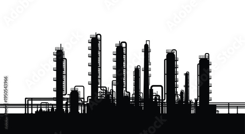 A striking silhouette depicts a complex industrial refinery landscape against a pure white background showcasing intricate pipelines high quality