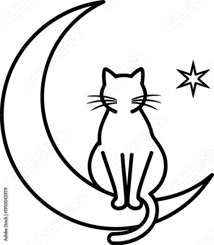 Elegant line art drawing of a serene cat sitting comfortably on a gentle crescent moon with a small shimmering star symbolizing night, dreams, and cosmic wonder.